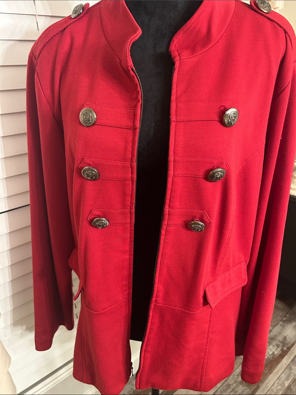 new directions Red Military-Style Pea Coat with Decorative Metal Buttons
